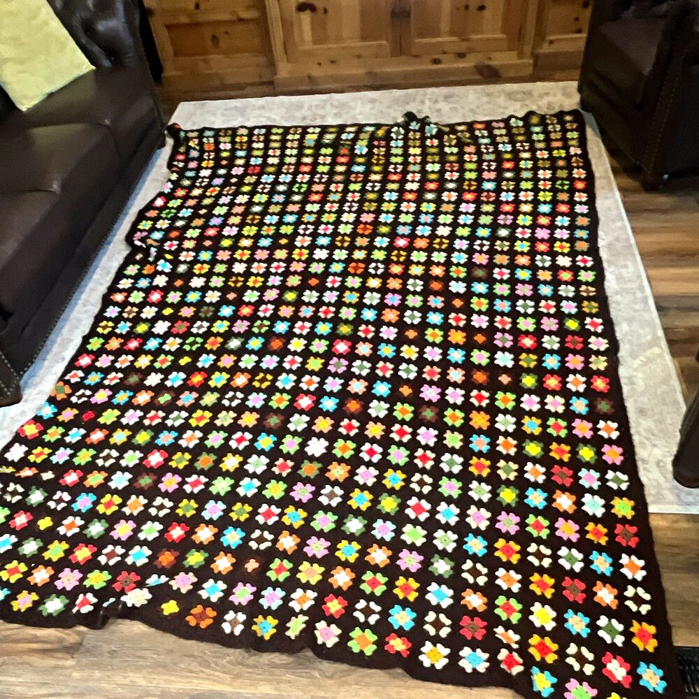 Handmade Crochet Grandma Square Blanket Queen 78x78 Brown Multicolor